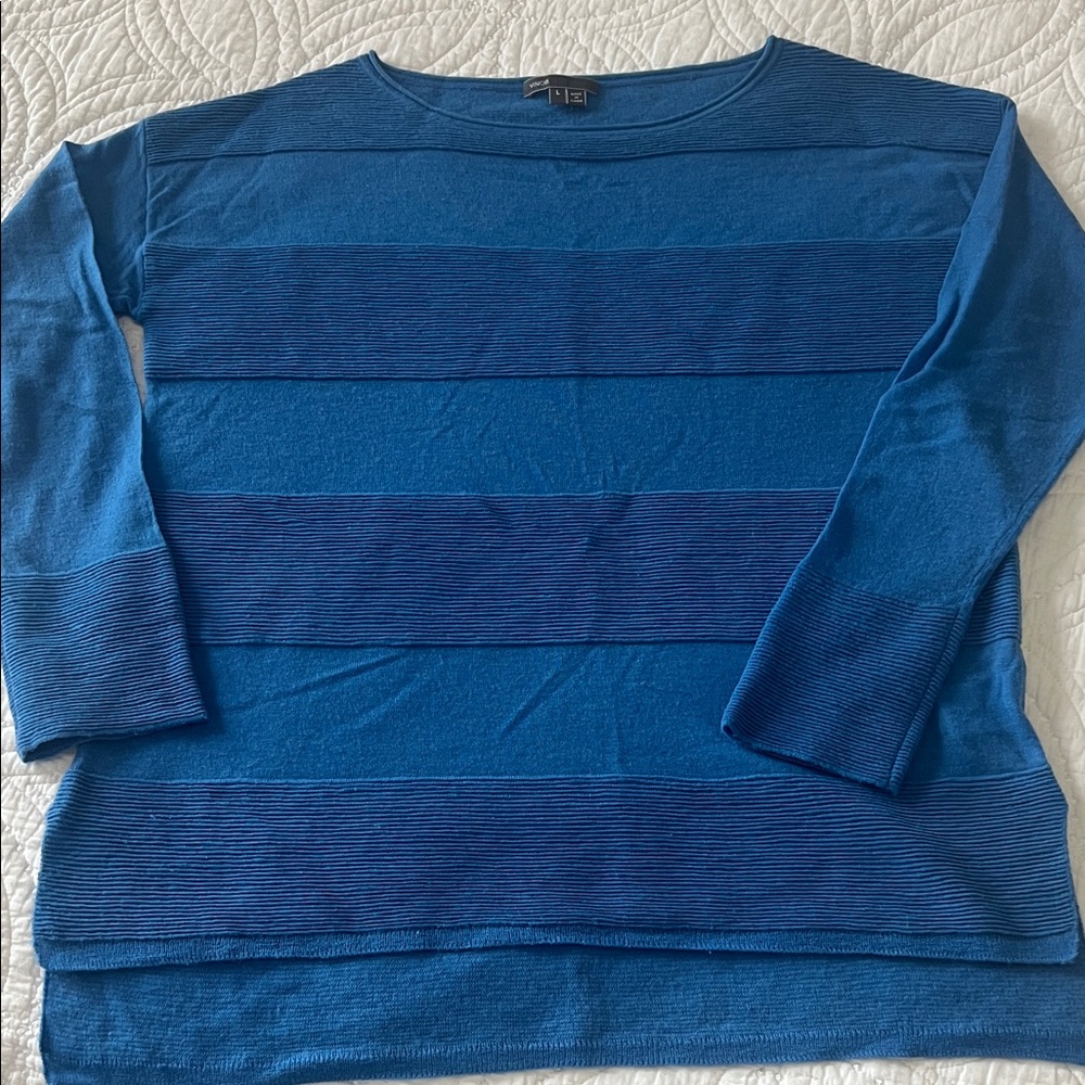 VINCE Sweater Blue Textured Stripe Drop Shoulder Side Vent Hi Low Hem Sweater